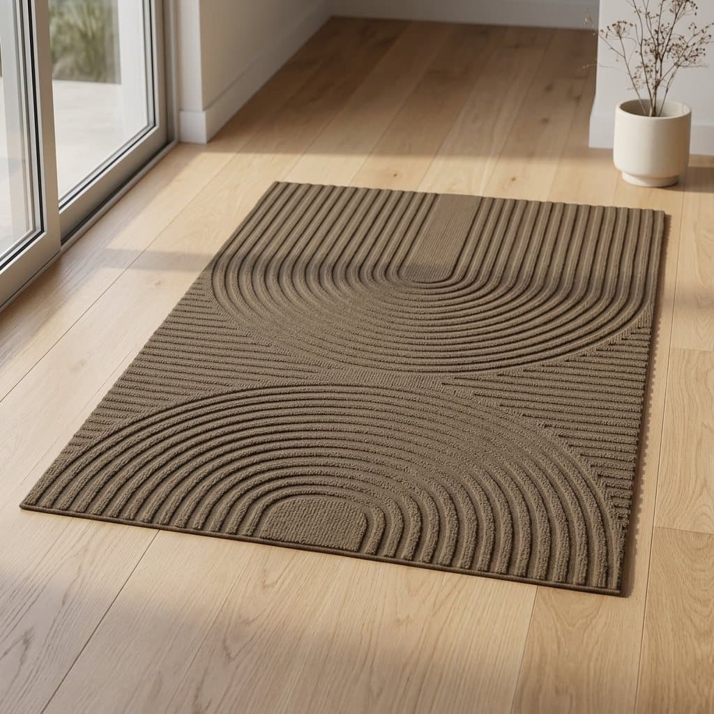 Linea Arc doormat in brown on a wooden floor