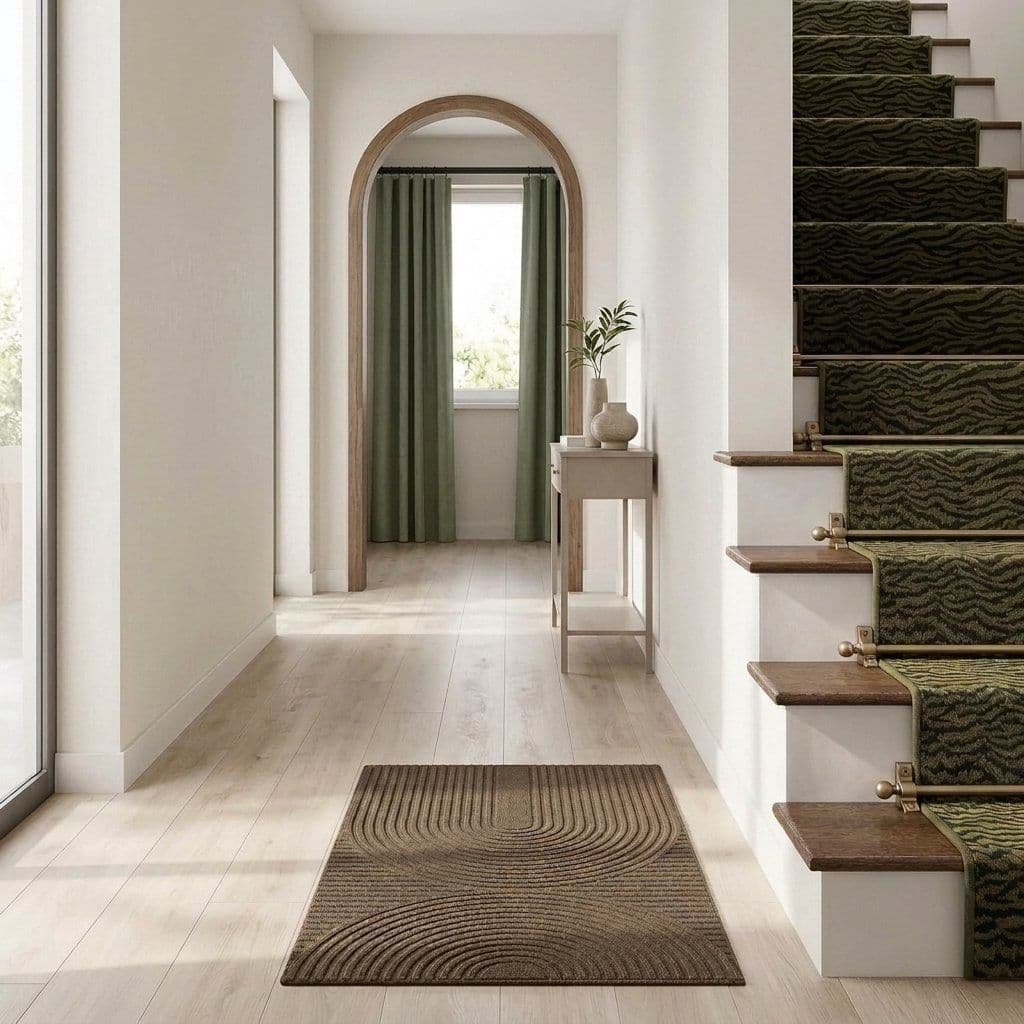 Bright hallway with a Zenacasa doormat, curtains and stair rods